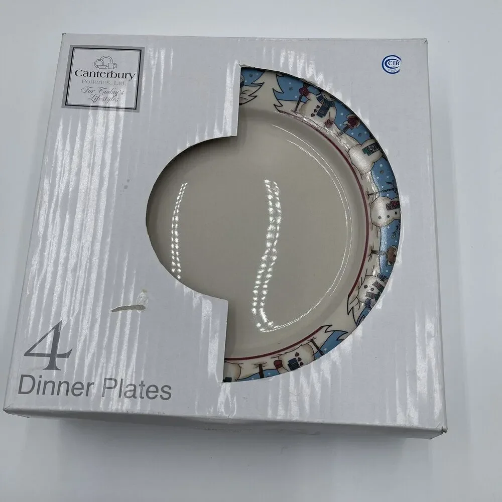 Canterbury Potteries Snowman Holiday Dinner Plates Set of 4 Toby Pieri NIB Vtg